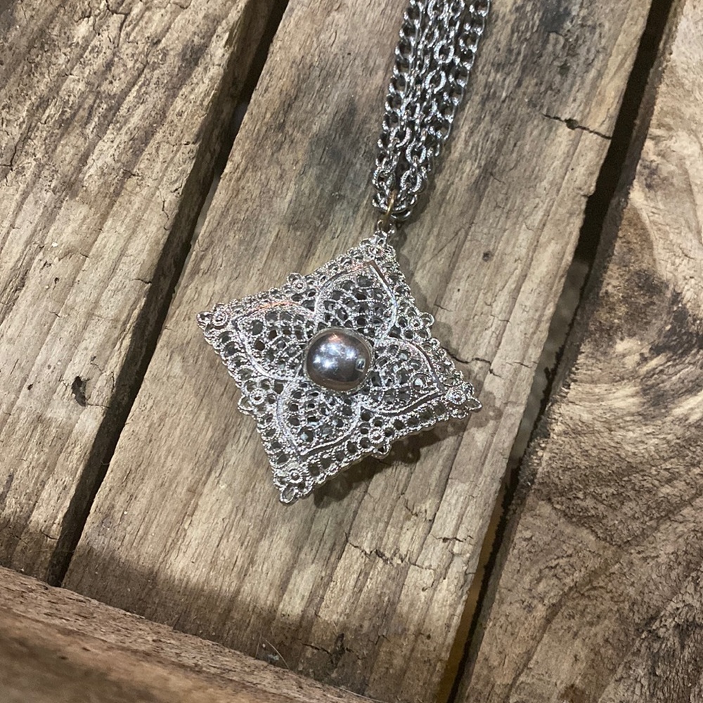 Vintage Whiting & Davis Filigree Ornate Pendant Necklace Flower Cross BoHo